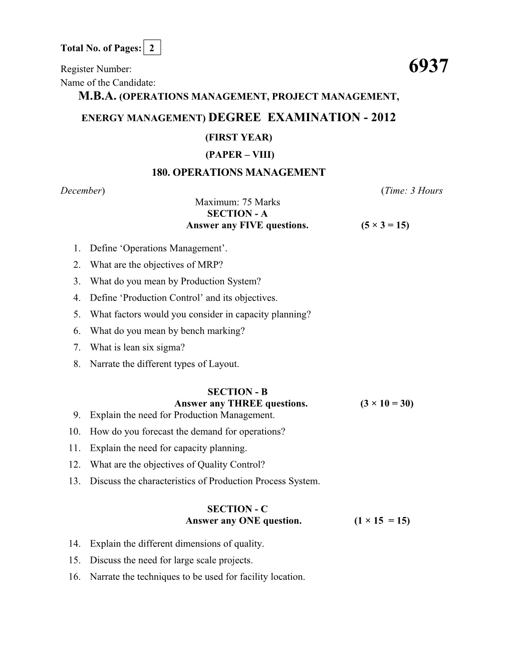 M.B.A. (Operations MANAGEMENT, Project Management, Energy Management) DEGREE EXAMINATION
