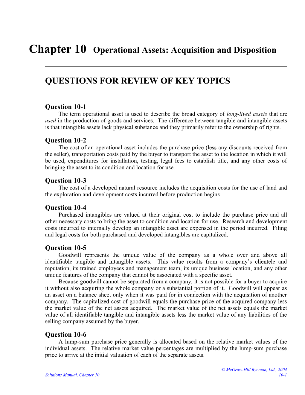 Chapter 10 Operational Assets: Acquisition and Disposition