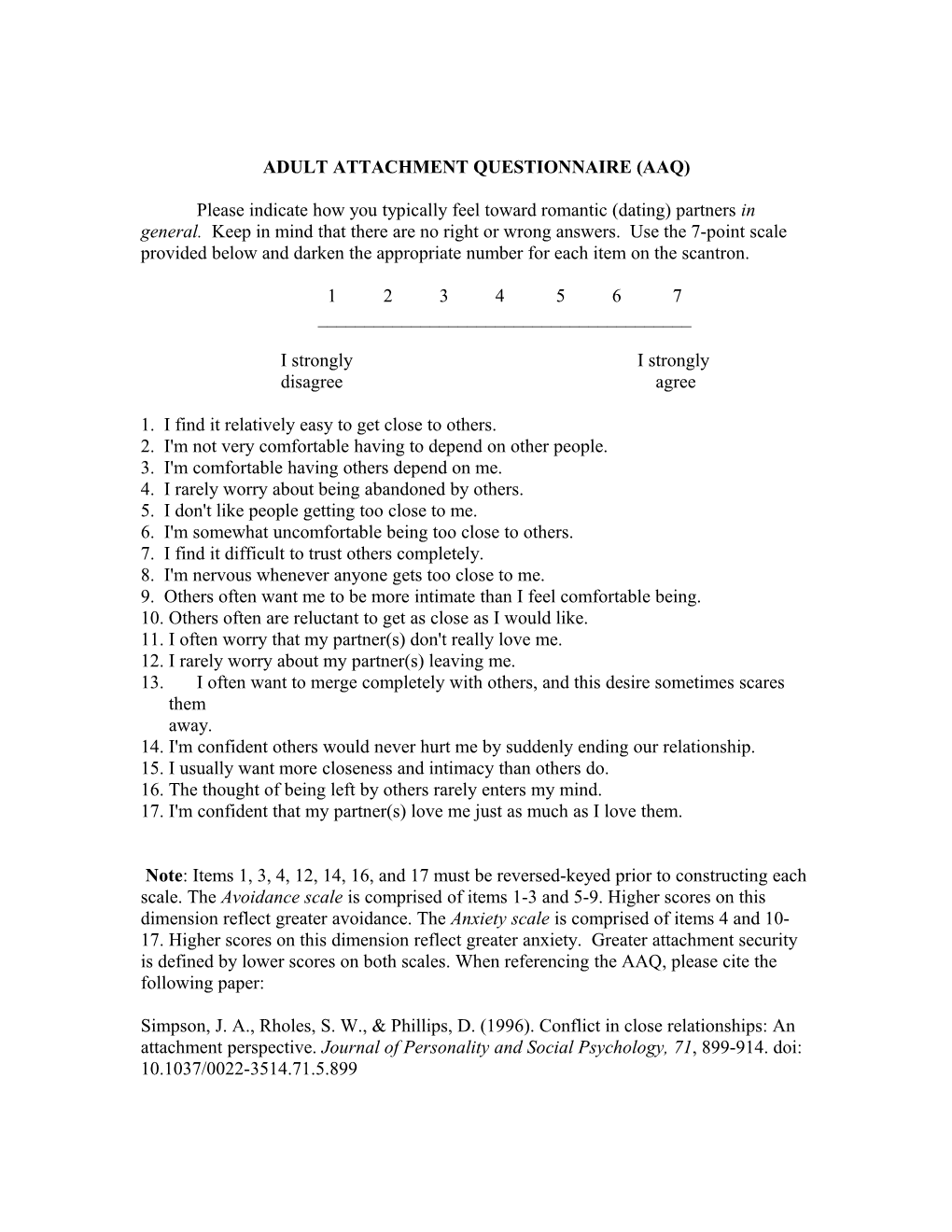 Adult Attachment Questionnaire (Aaq)