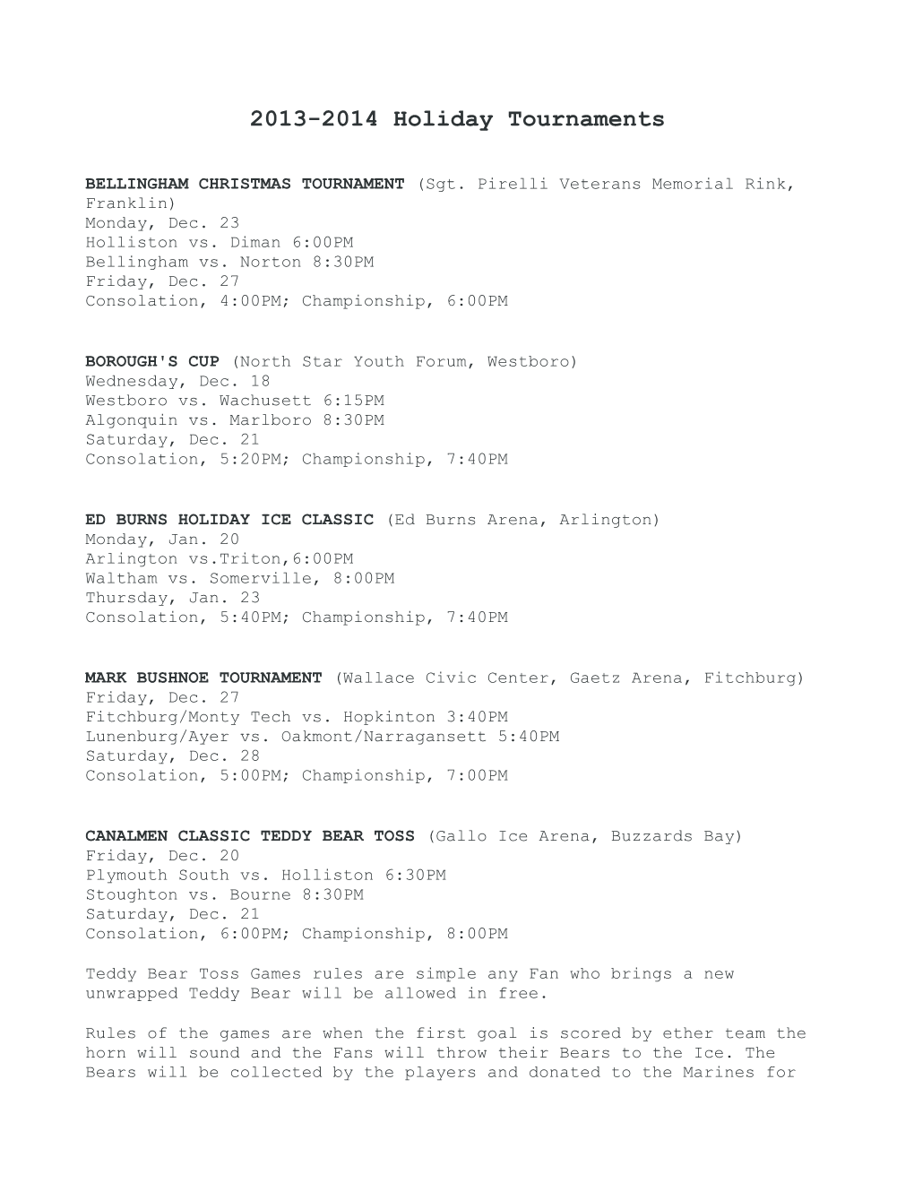 2013-2014 Holiday Tournaments