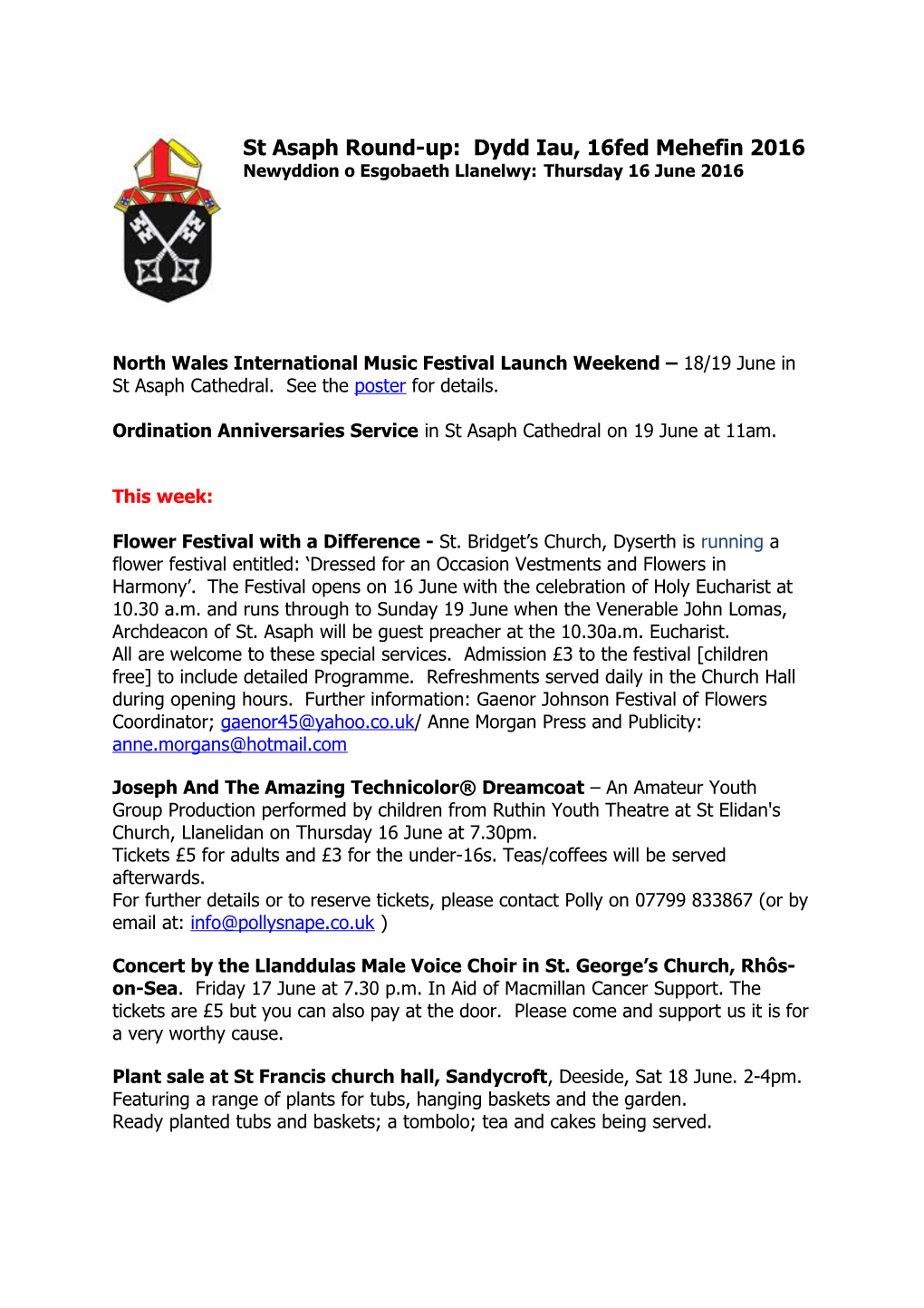 Newyddion O Esgobaeth Llanelwy:Thursday 16 June 2016