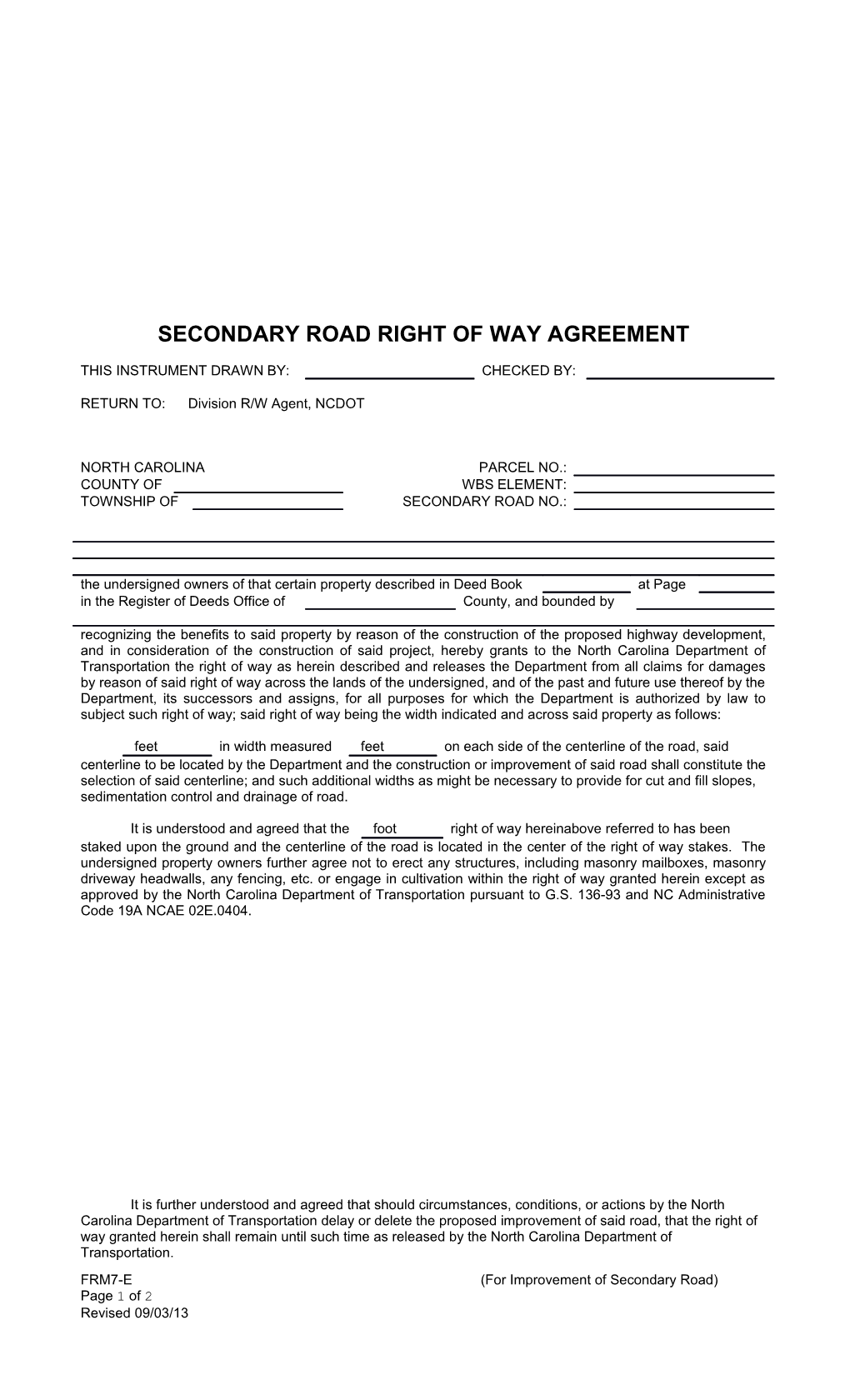 Secondary Road Right of Way Agreement (For Improvement of Secondary Road)