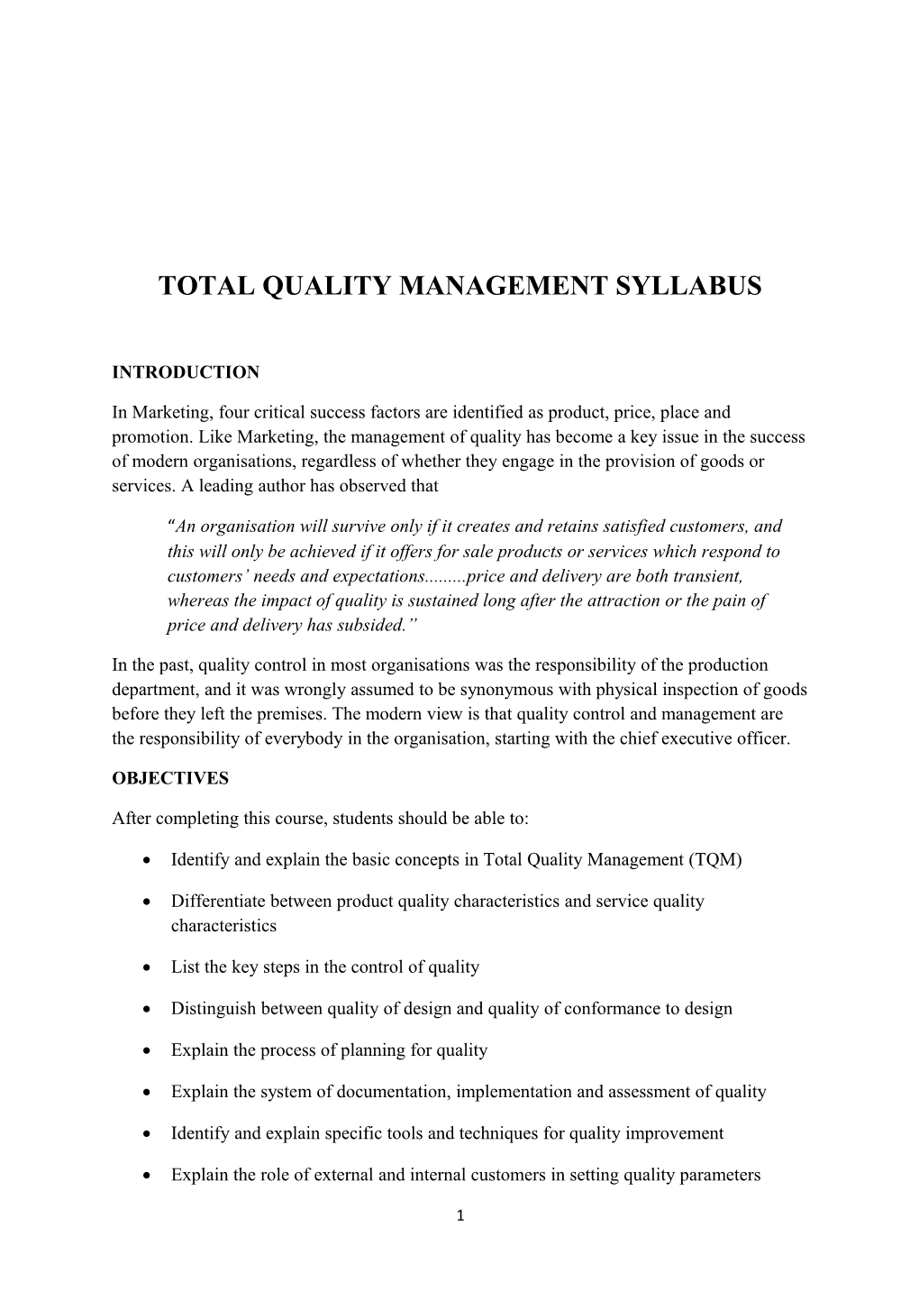 Total Quality Management Syllabus