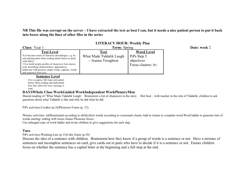 LITERACY HOUR: Weekly Plan s1