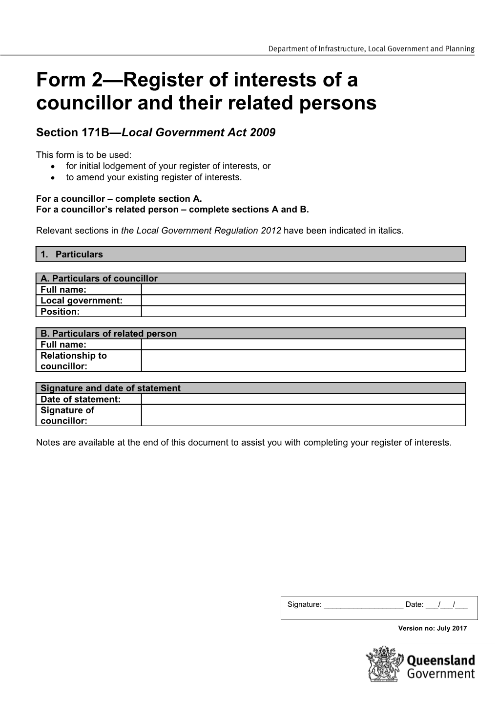 Form 2 - Register of Interests of a Councillor and Their Related Persons