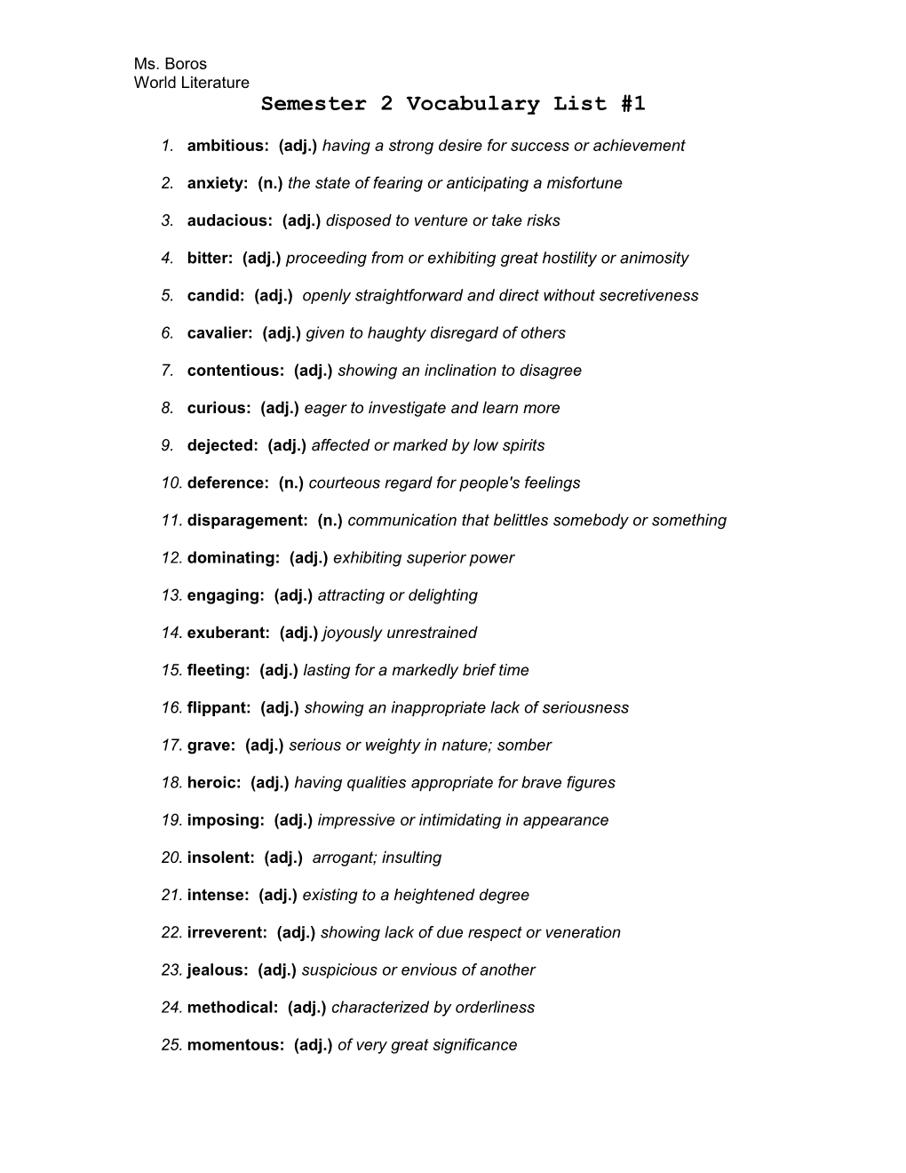 Semester 2 Vocabulary List #2