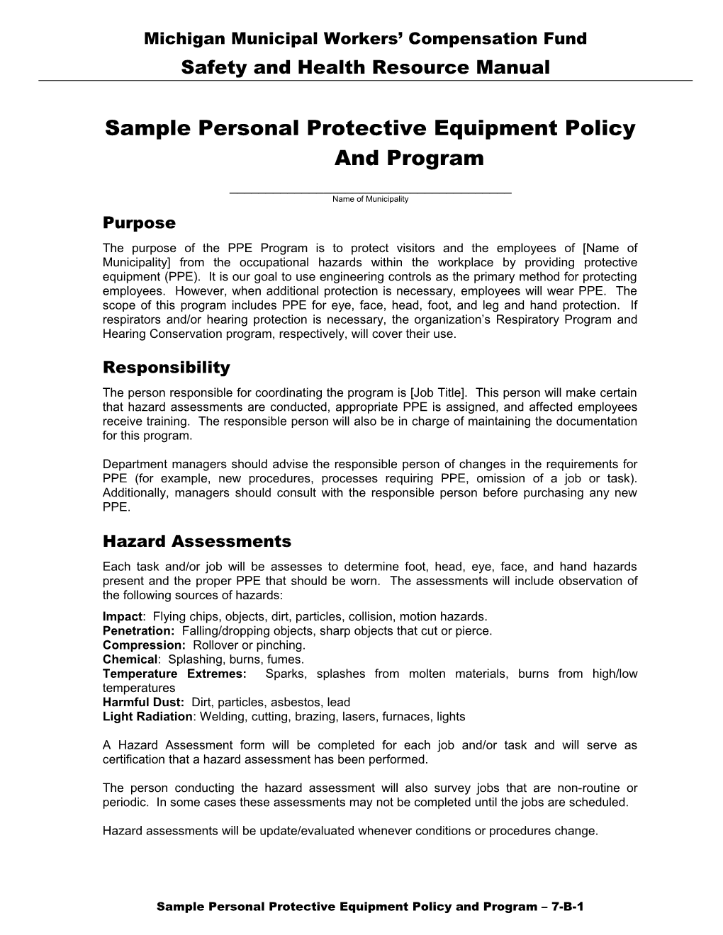 Sample Personal Protective Equipment Policy and Program