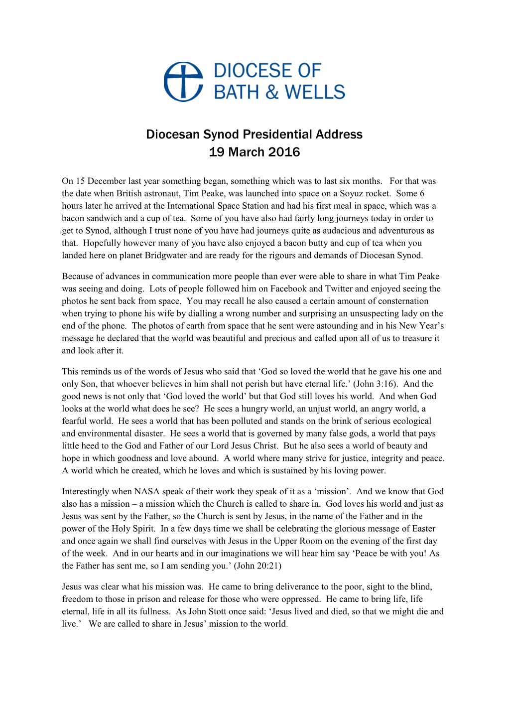 Diocesan Synod Presidential Address