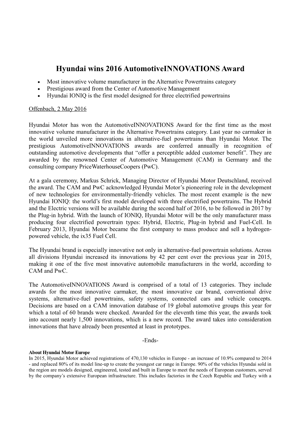 Hyundai Wins 2016 Automotiveinnovations Award