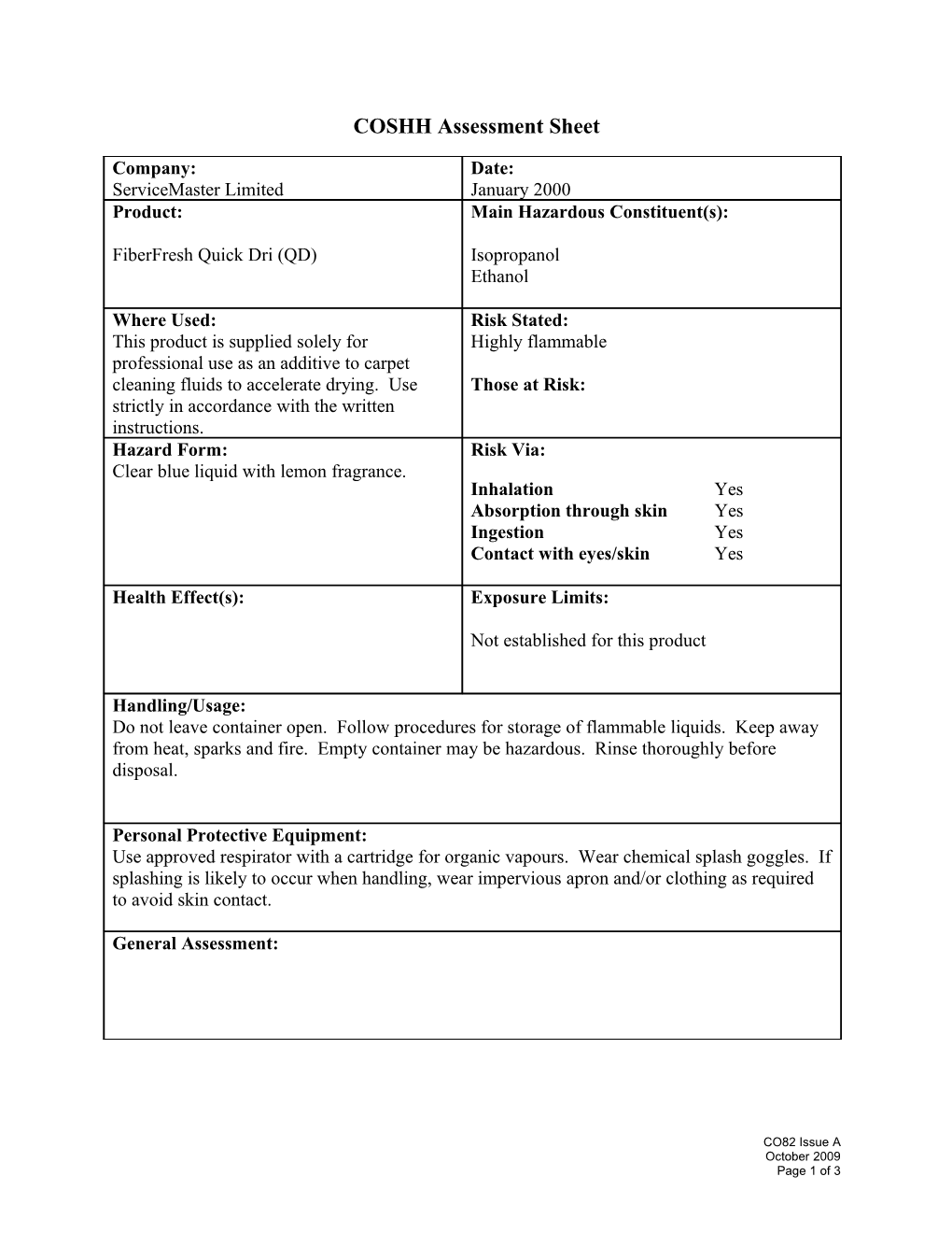 COSHH Assessment Sheet