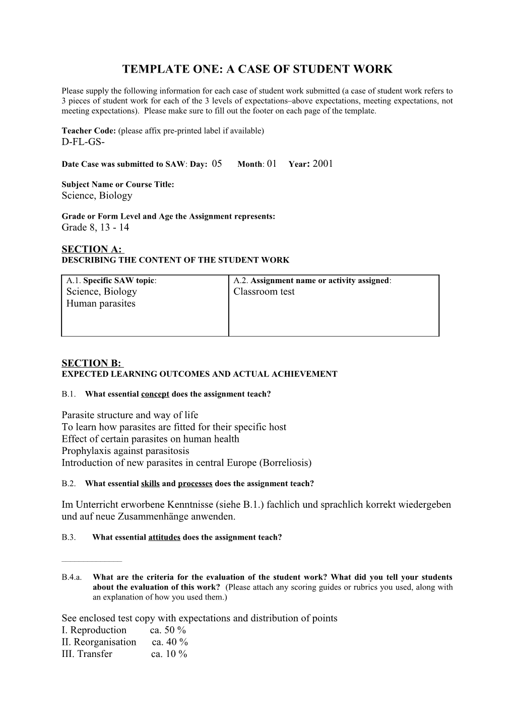 Template One: a Case of Student Work