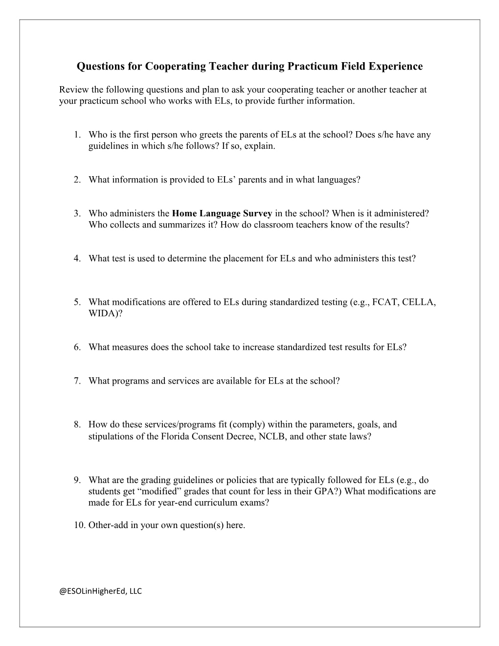 Questions for Cooperating Teacher During Practicum Field Experience
