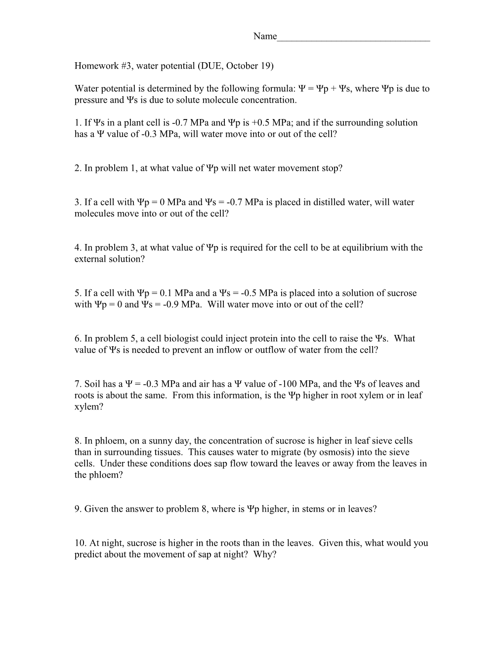 Homework #3, Water Potential