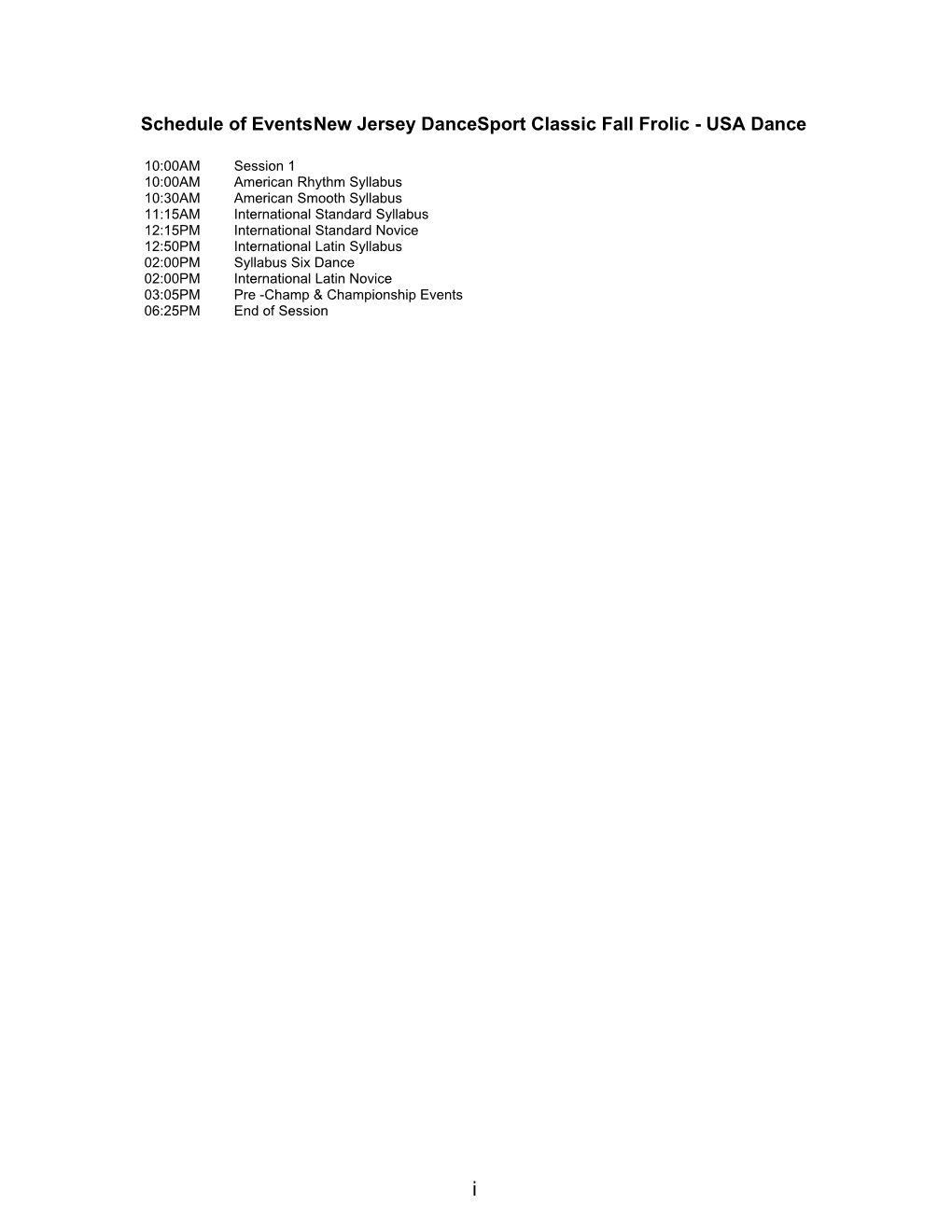 Schedule of Events New Jersey Dancesport Classic Fall Frolic - USA Dance
