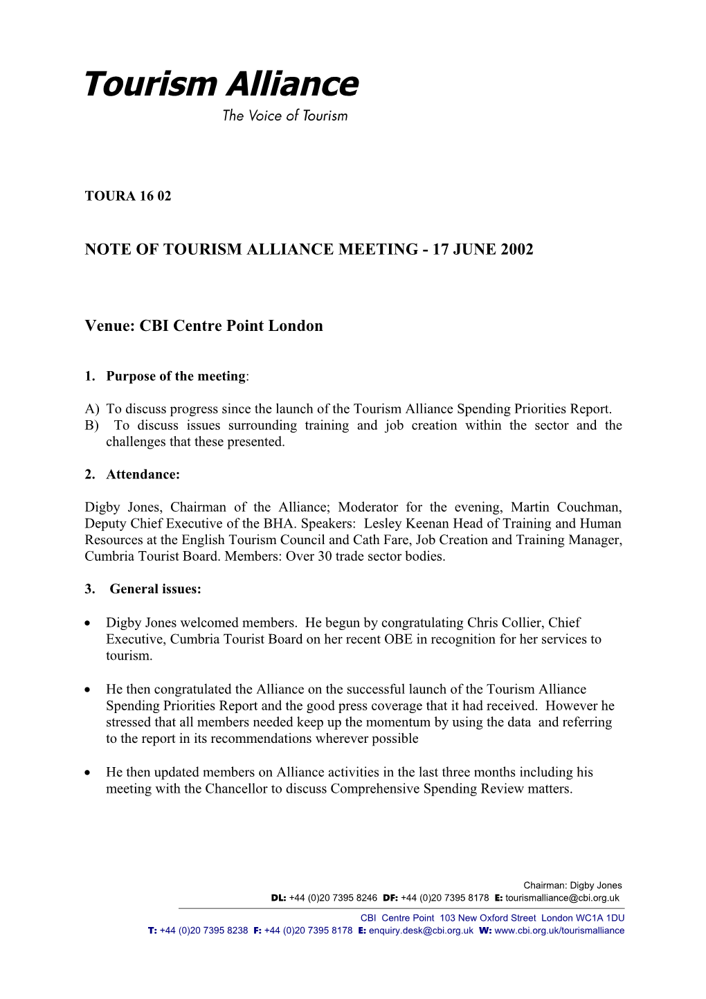 Note of Tourism Alliance Meeting - 17 June 2002