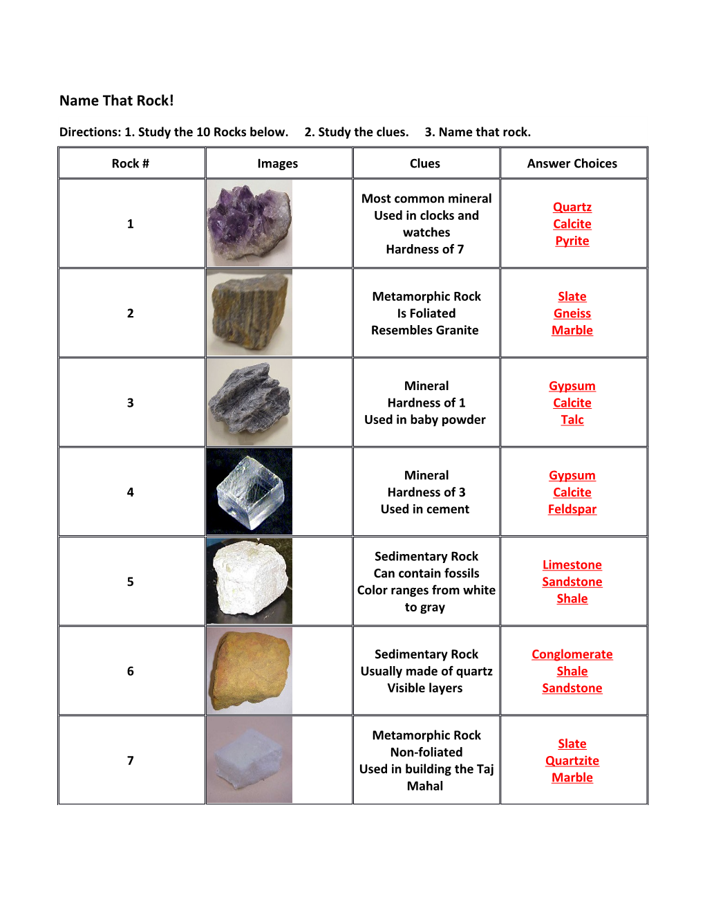 Rocks and Minerals Worksheet