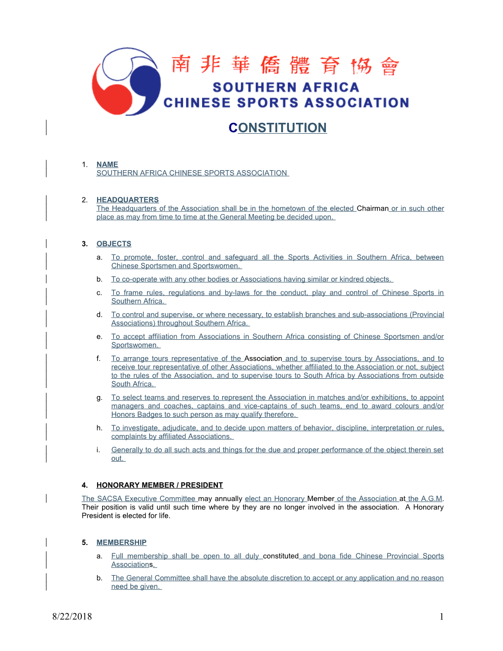 Name Southern Africa Chinese Sports Association