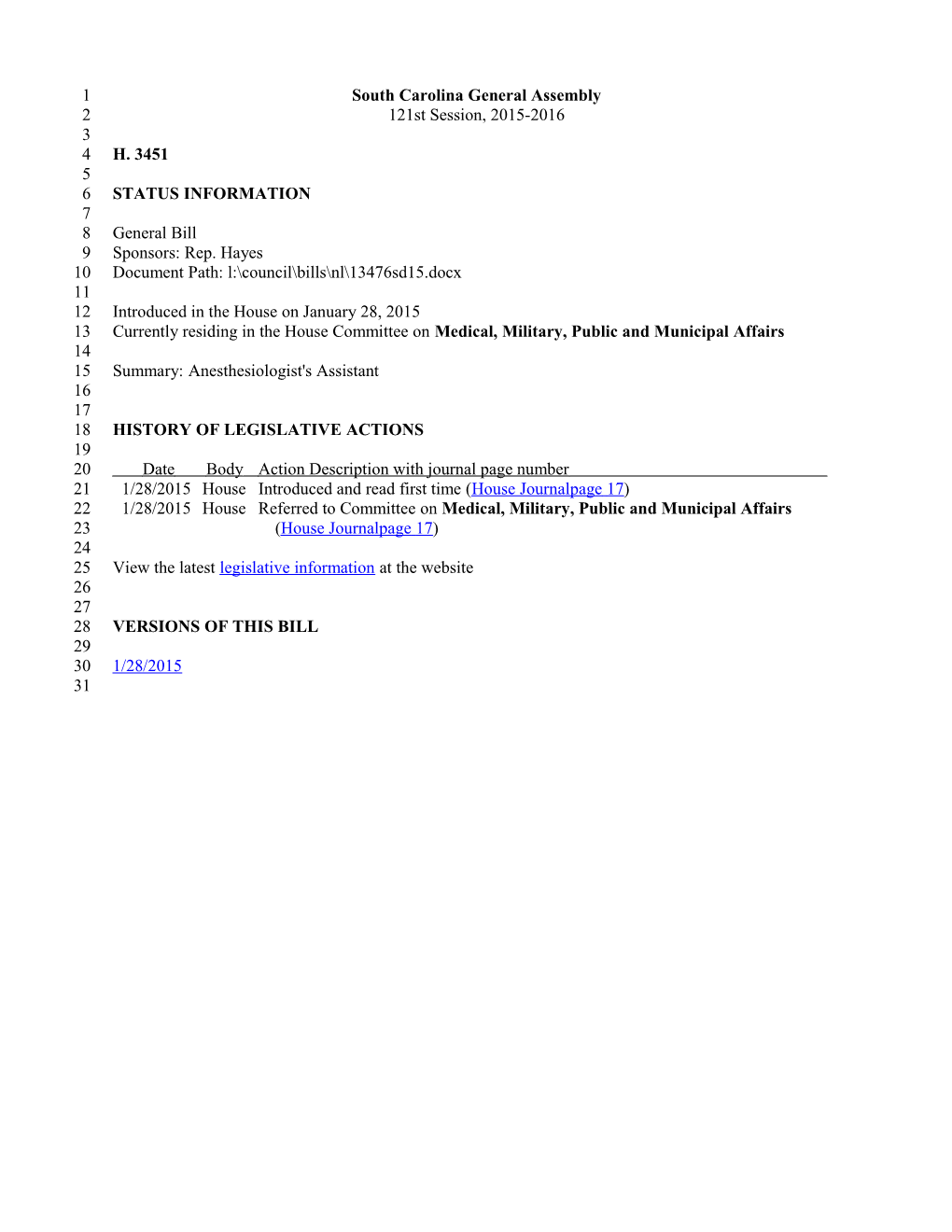 2015-2016 Bill 3451: Anesthesiologist's Assistant - South Carolina Legislature Online