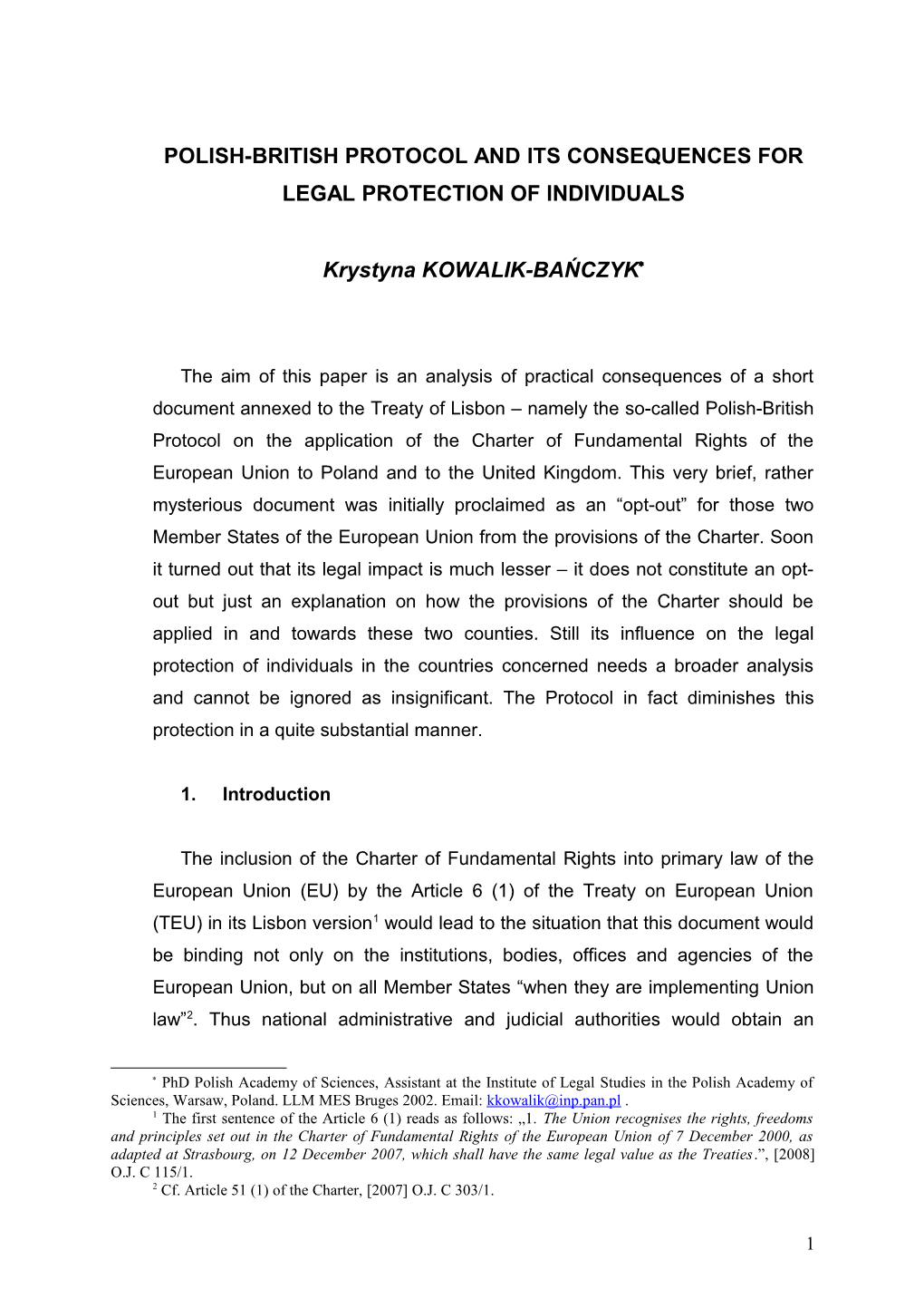 Polish-British Protocol and Its Consequences for Legal Protection of Individuals in Poland