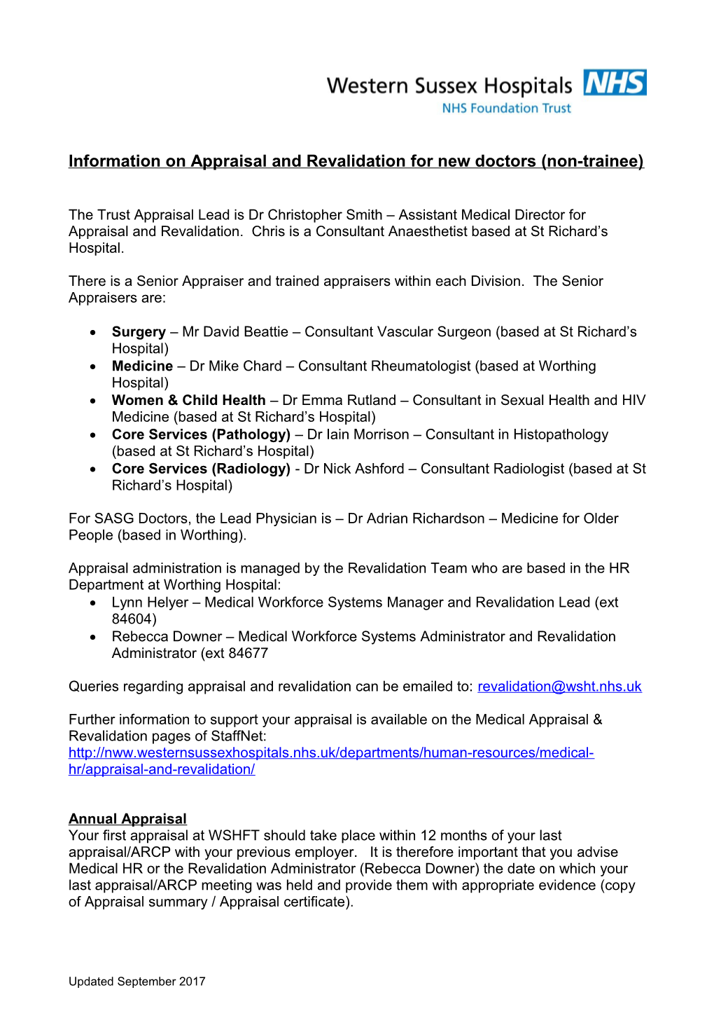 Information on Appraisal and Revalidation for New Doctors (Non-Trainee)