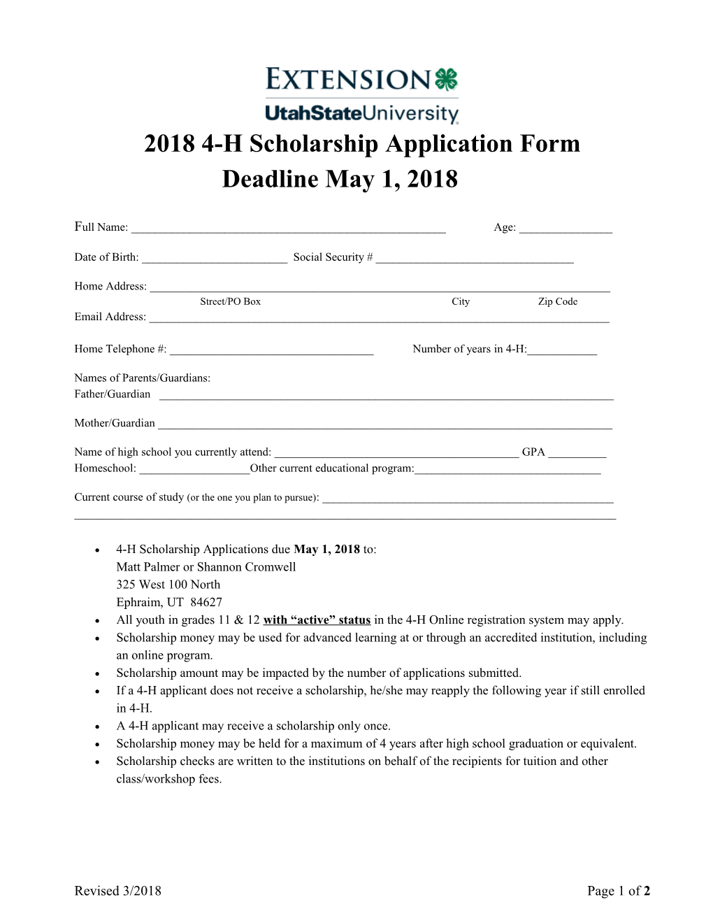 2018 4-H Scholarship Application Form