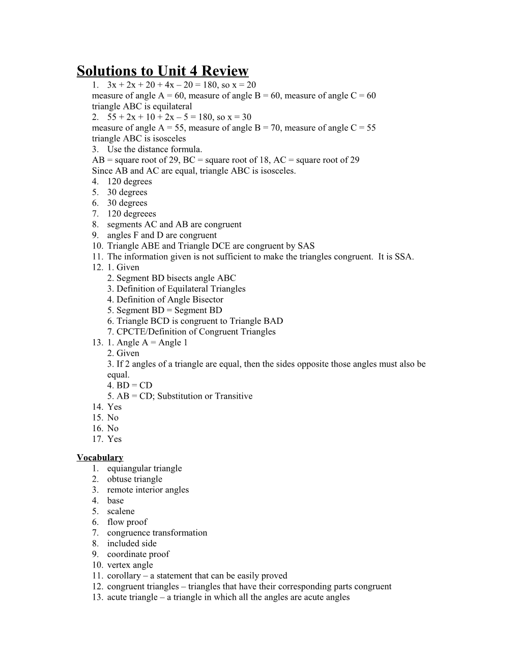 Solutions to Unit 4 Review