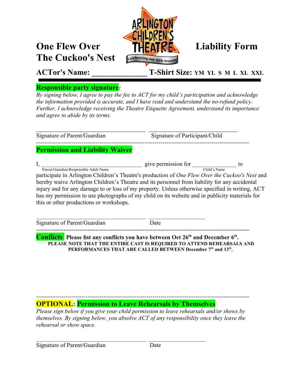 One Flew Over Liability Form