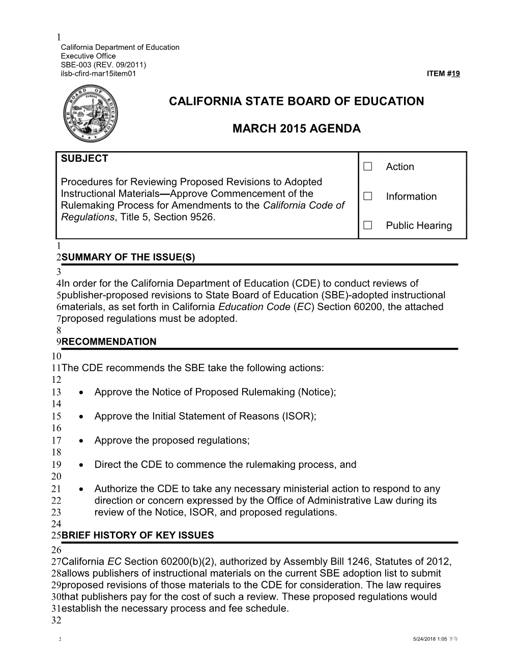 March 2015 Agenda Item 19 - Meeting Agendas (CA State Board of Education)