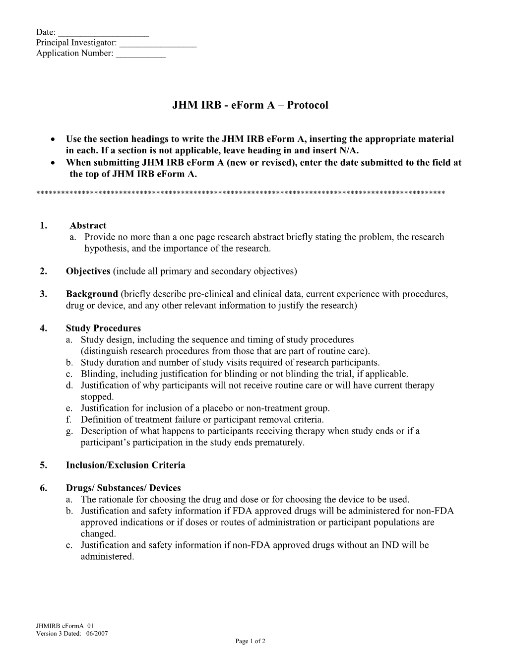 Form A: Required – JHM-IRB Protocol Format