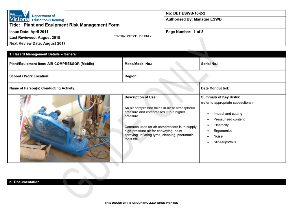 Plant and Equipment Risk Management Form - AIR COMPRESSOR (Mobile)