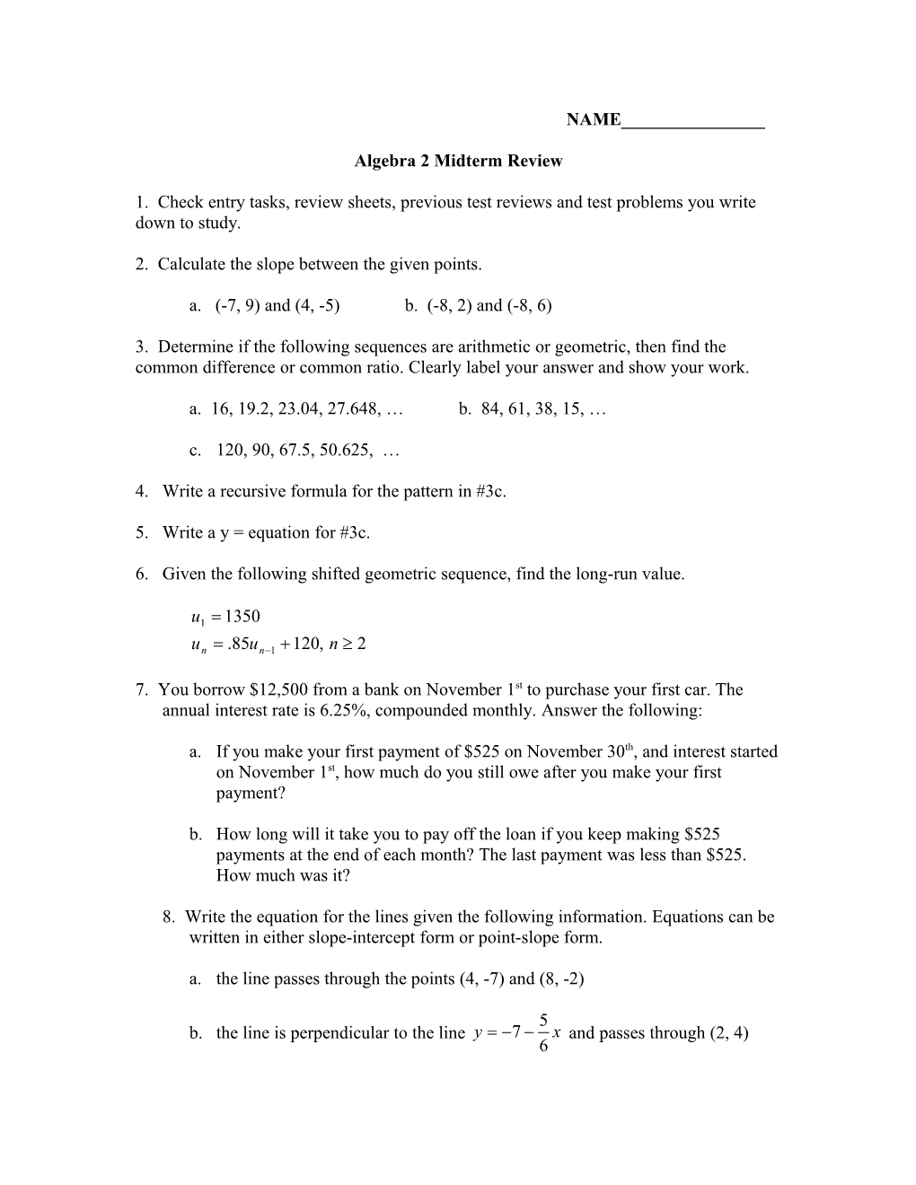 Algebra 2 Midterm Review