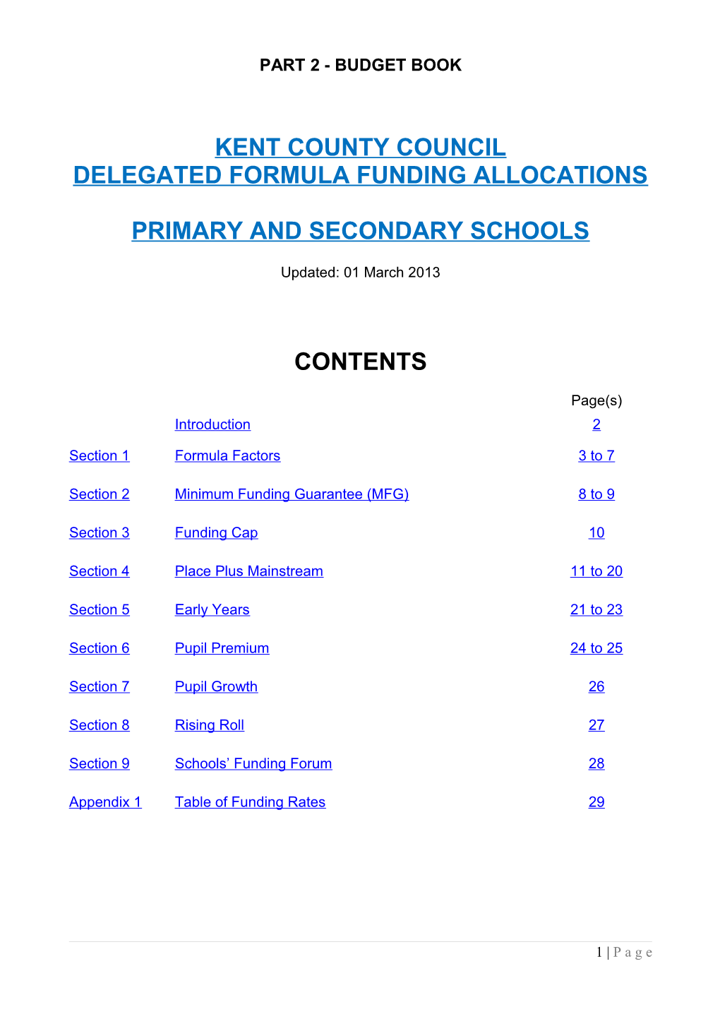 Delegated Formula Funding Allocations Primary & Secondary Schools