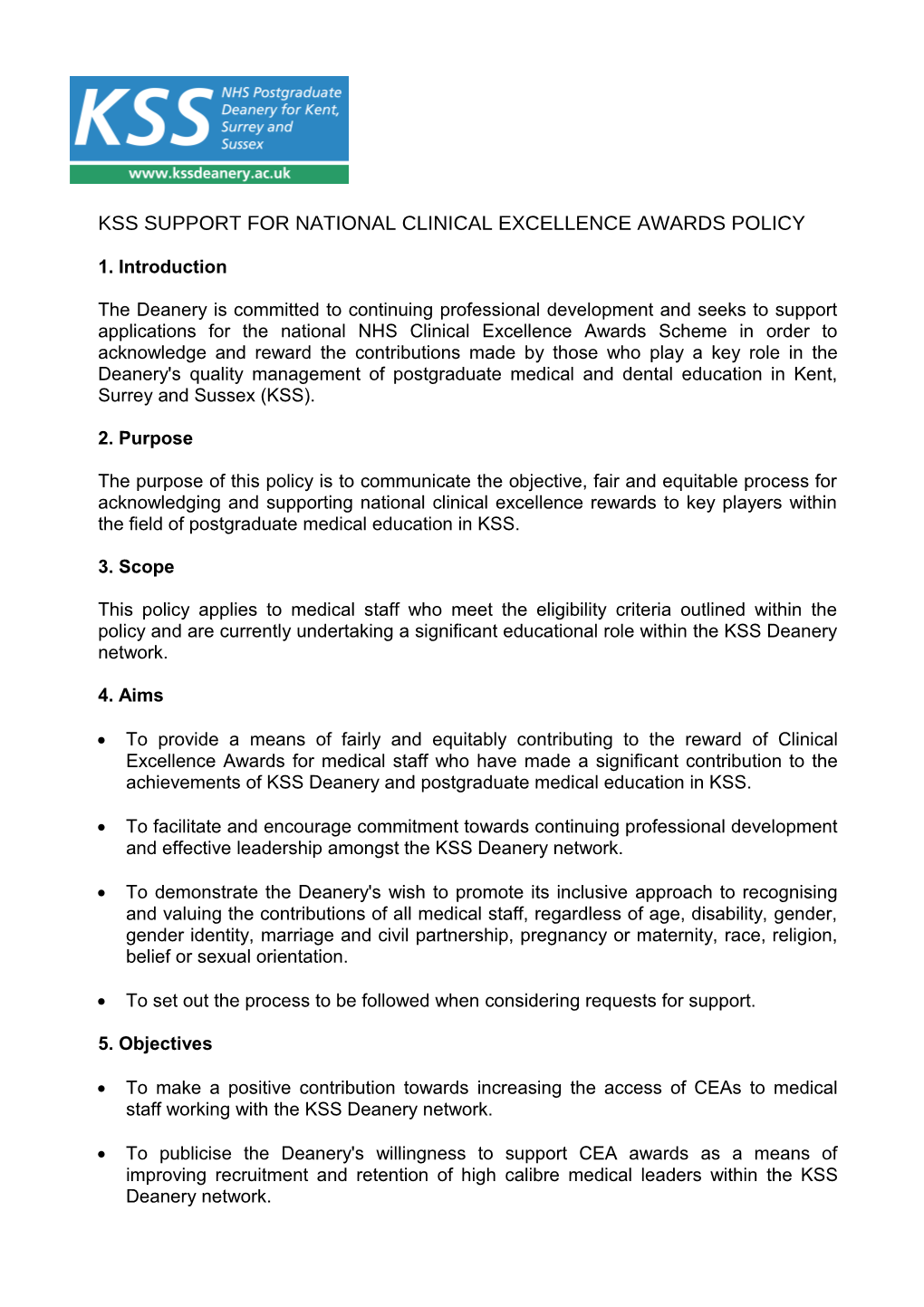 Kss Support for National Clinical Excellence Awards Policy