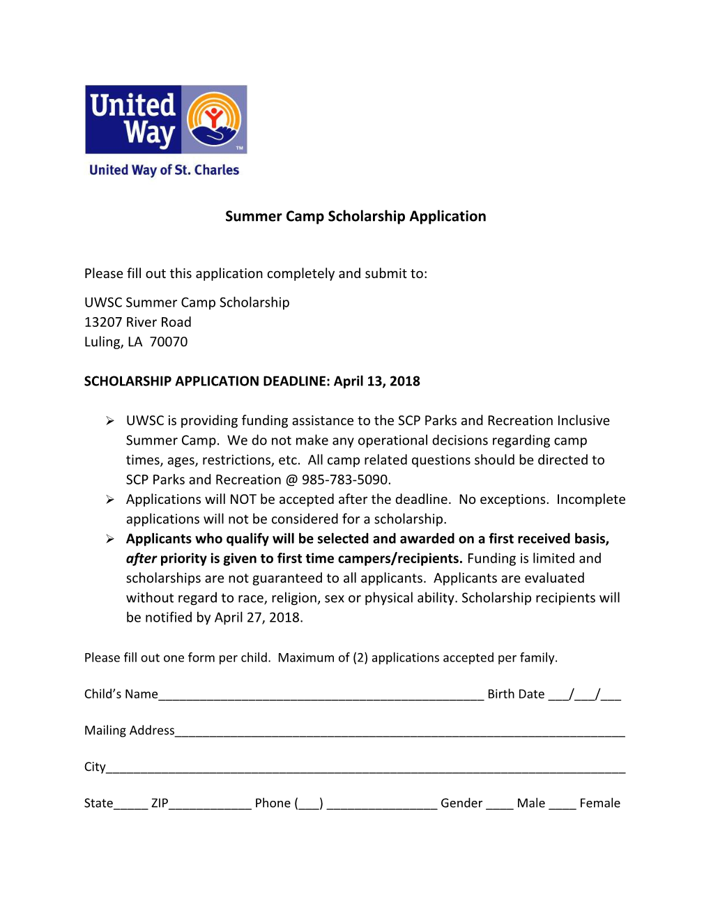Summer Camp Scholarship Application