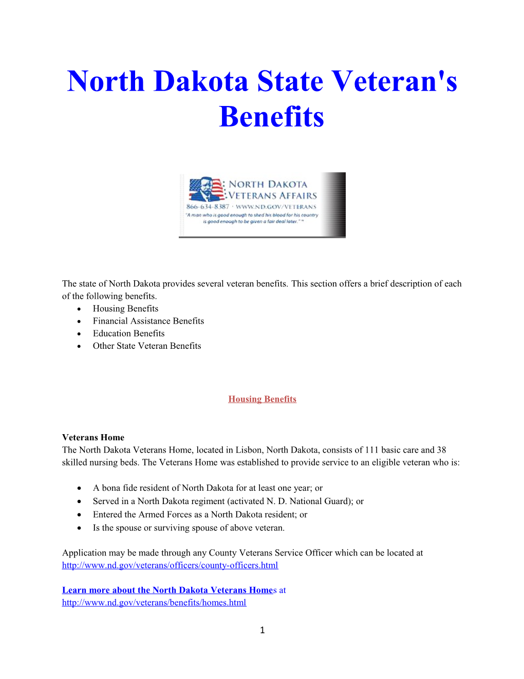 North Dakota State Veteran's Benefits