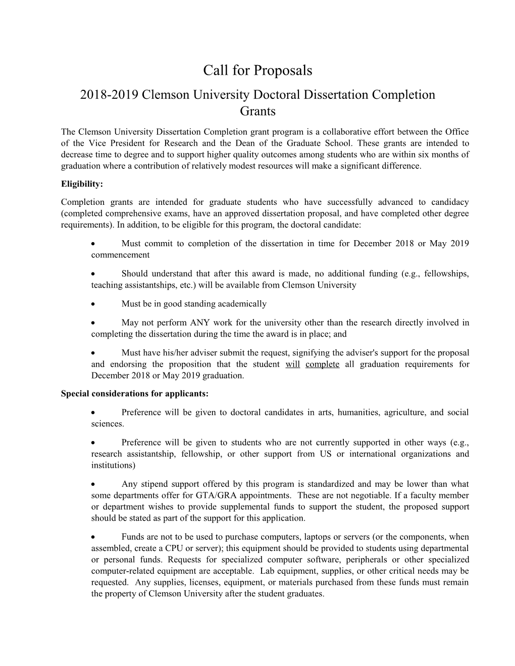 2018-2019 Clemson University Doctoral Dissertation Completion Grants