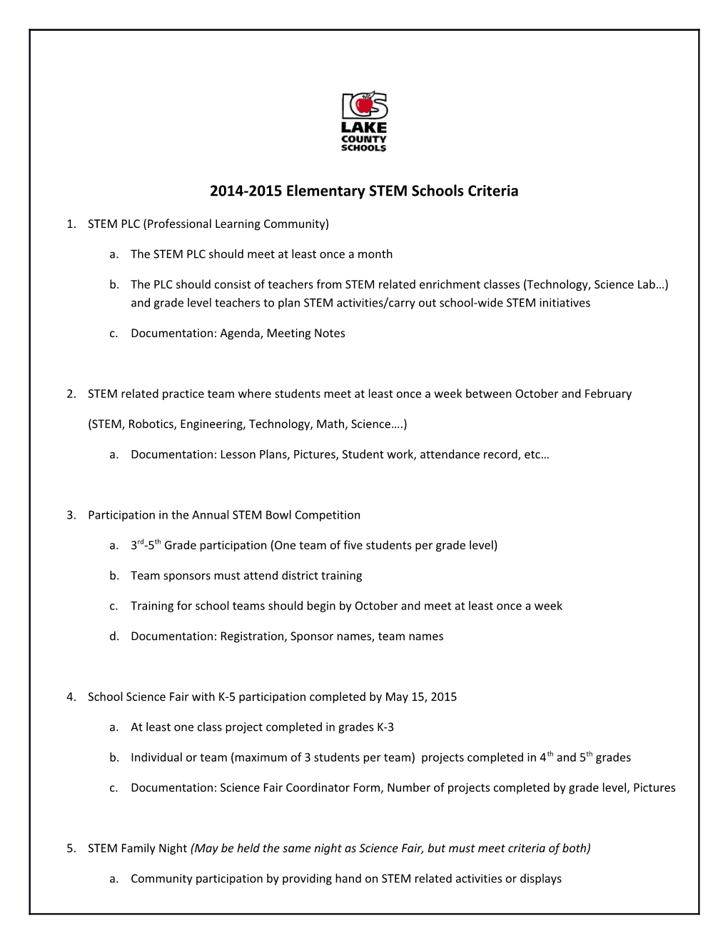 2014-2015 Elementary STEM Schools Criteria