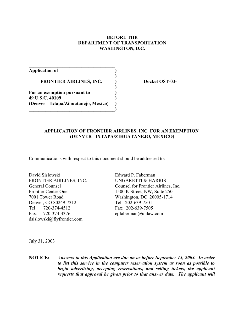 FRONTIER AIRLINES, INC. ) Docket OST-03