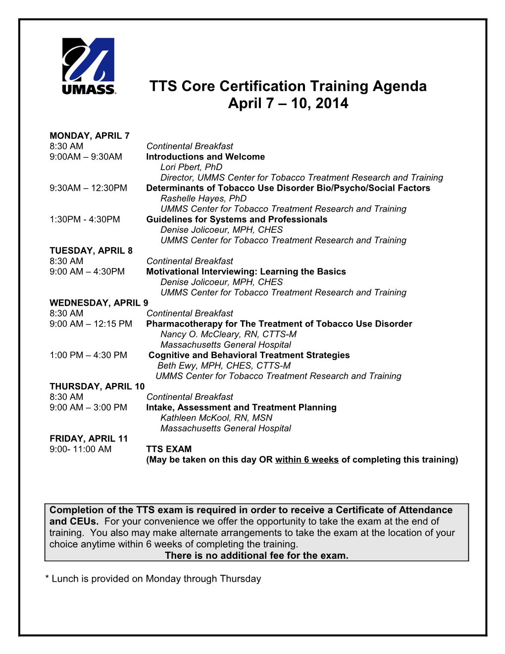 TTS Core Certification Training Agenda