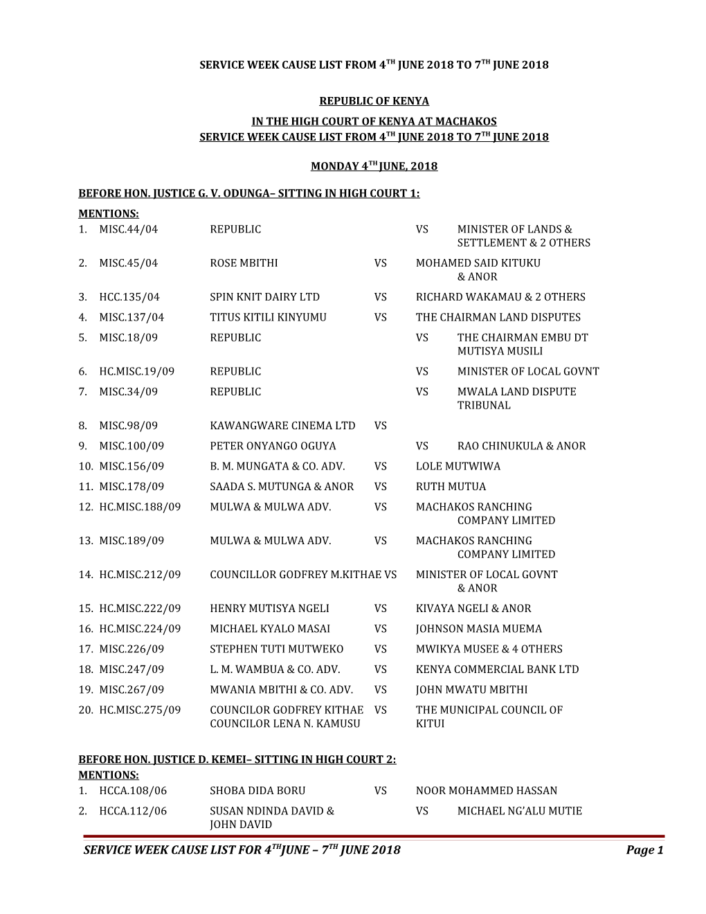 Service Week Cause List from 4Th June 2018 to 7Th June 2018