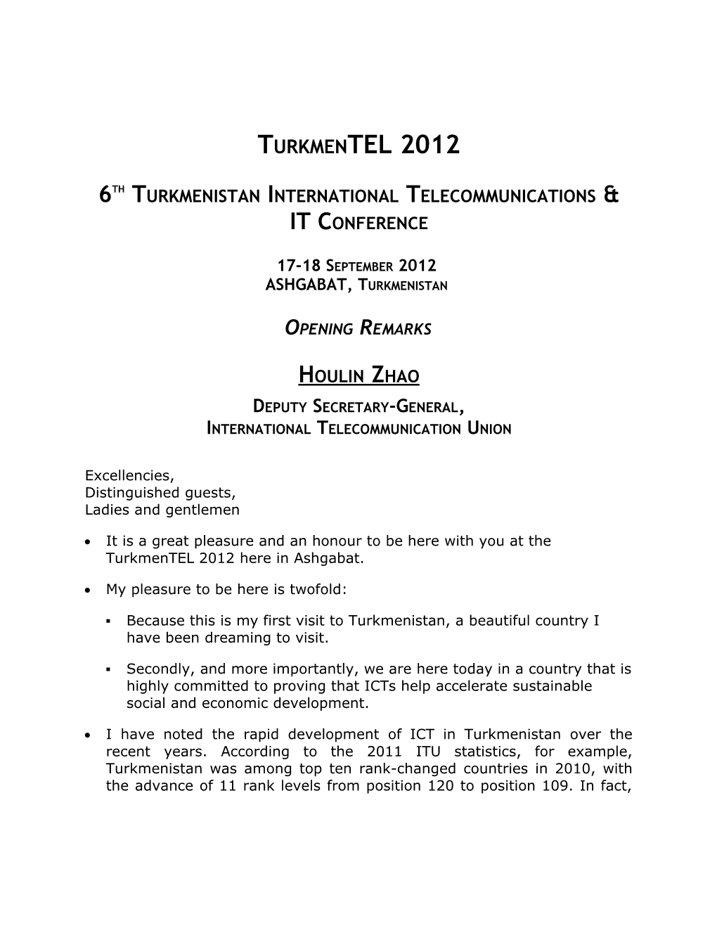 6Th Turkmenistan International Telecommunications & IT Conference