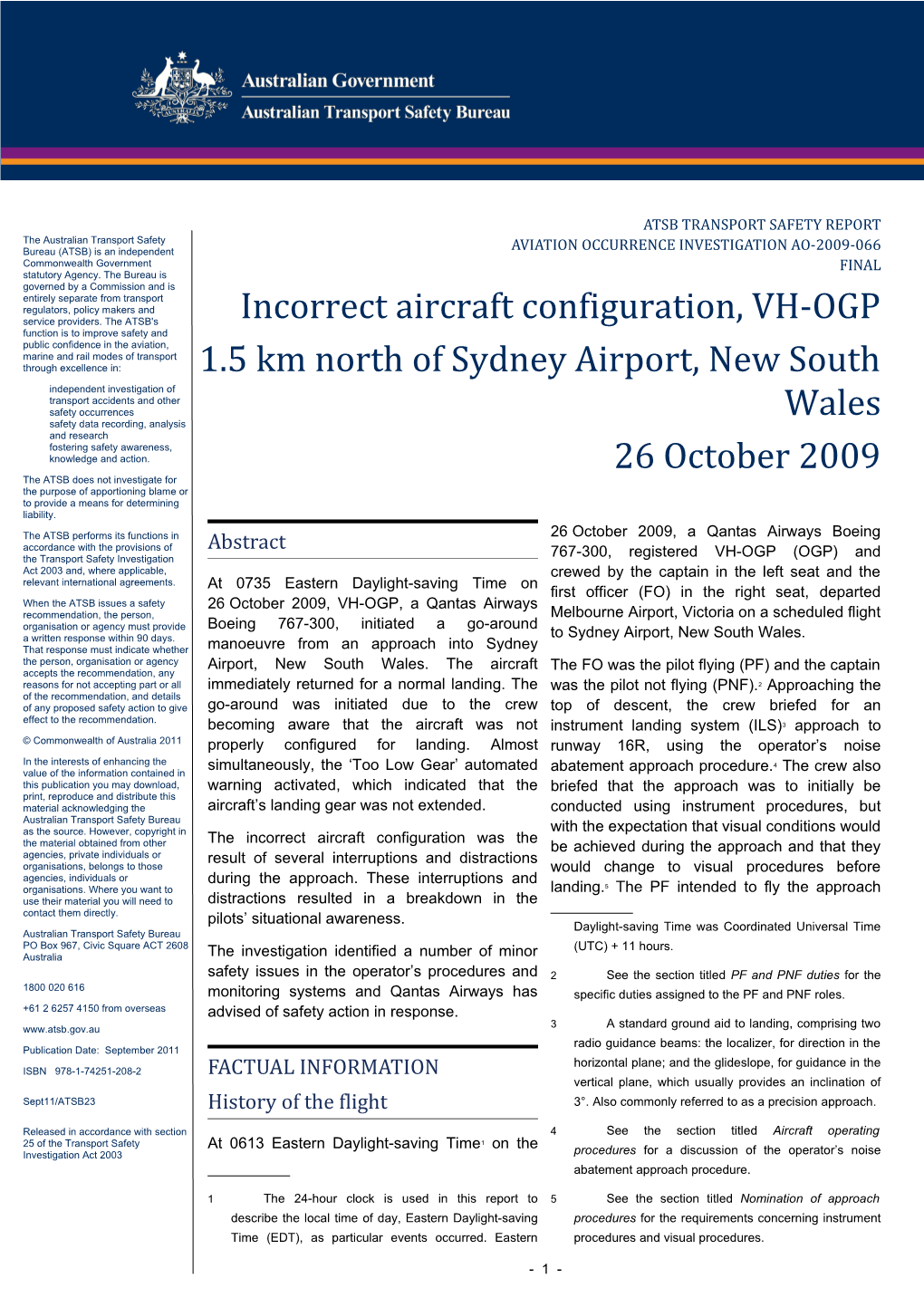 Incorrect Aircraft Configuration, VH-OGP 1.5 Km North of Sydney Airport, New South Wales