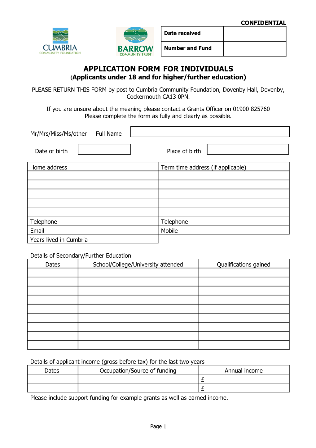PLEASE RETURN THIS FORM by Post to Cumbria Community Foundation, Dovenby Hall, Dovenby