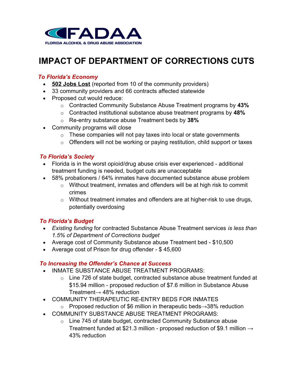 Impact of Department of Corrections Cuts