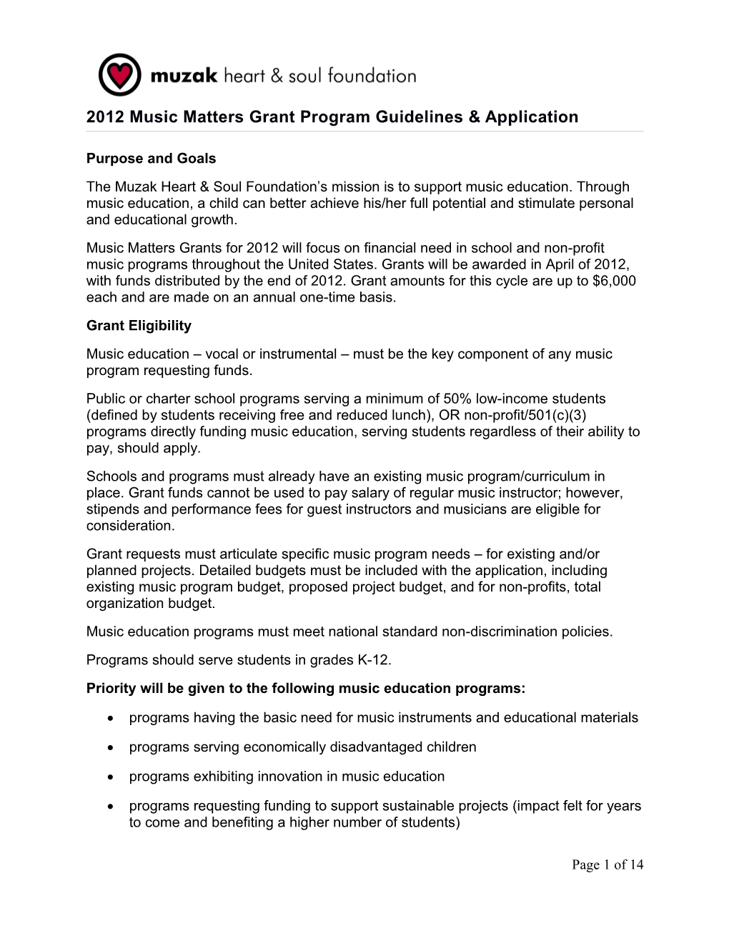 2012 Music Matters Grant Program Guidelines & Application