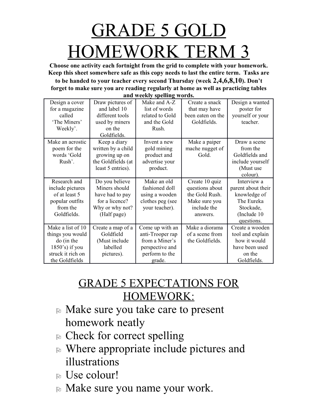 Year 5 Health Homework Term 1