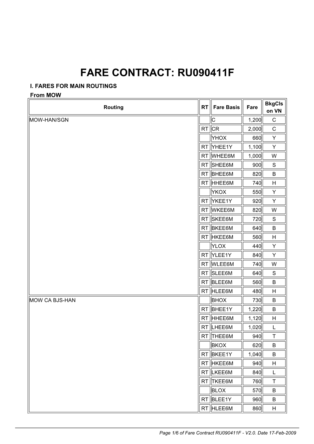 I. Fares for Main Routings