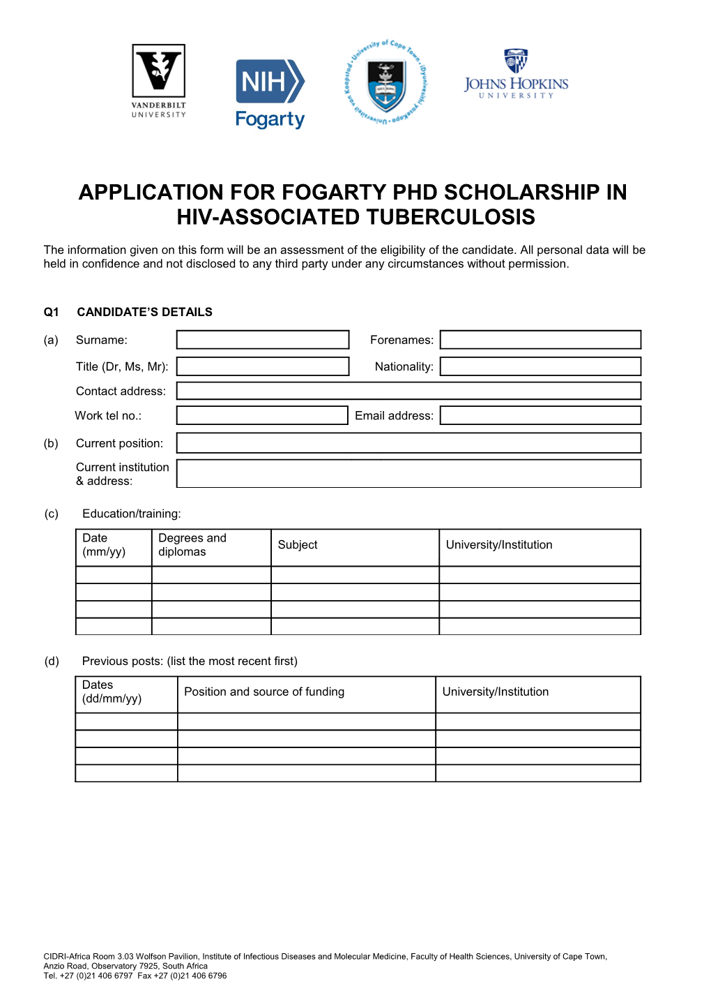 Application for Fogarty Phd Scholarship In