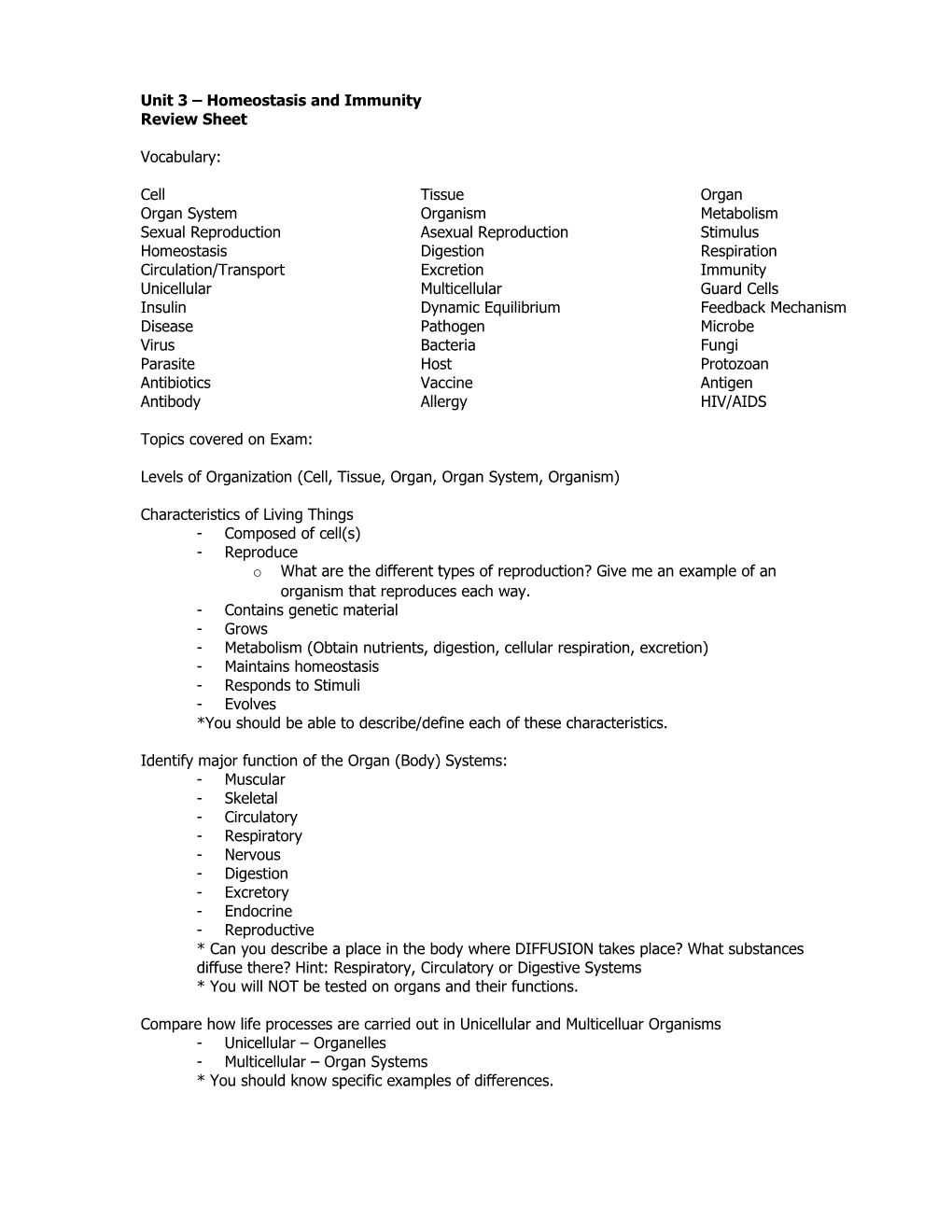 Unit 3 Homeostasis and Immunity