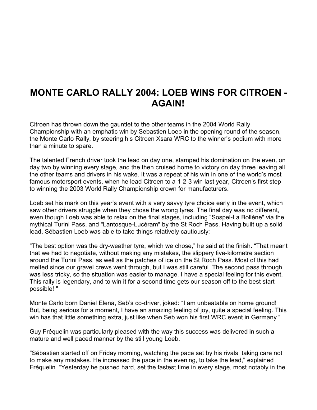 Monte Carlo Rally 2004: Loeb Wins for Citroen - Again!